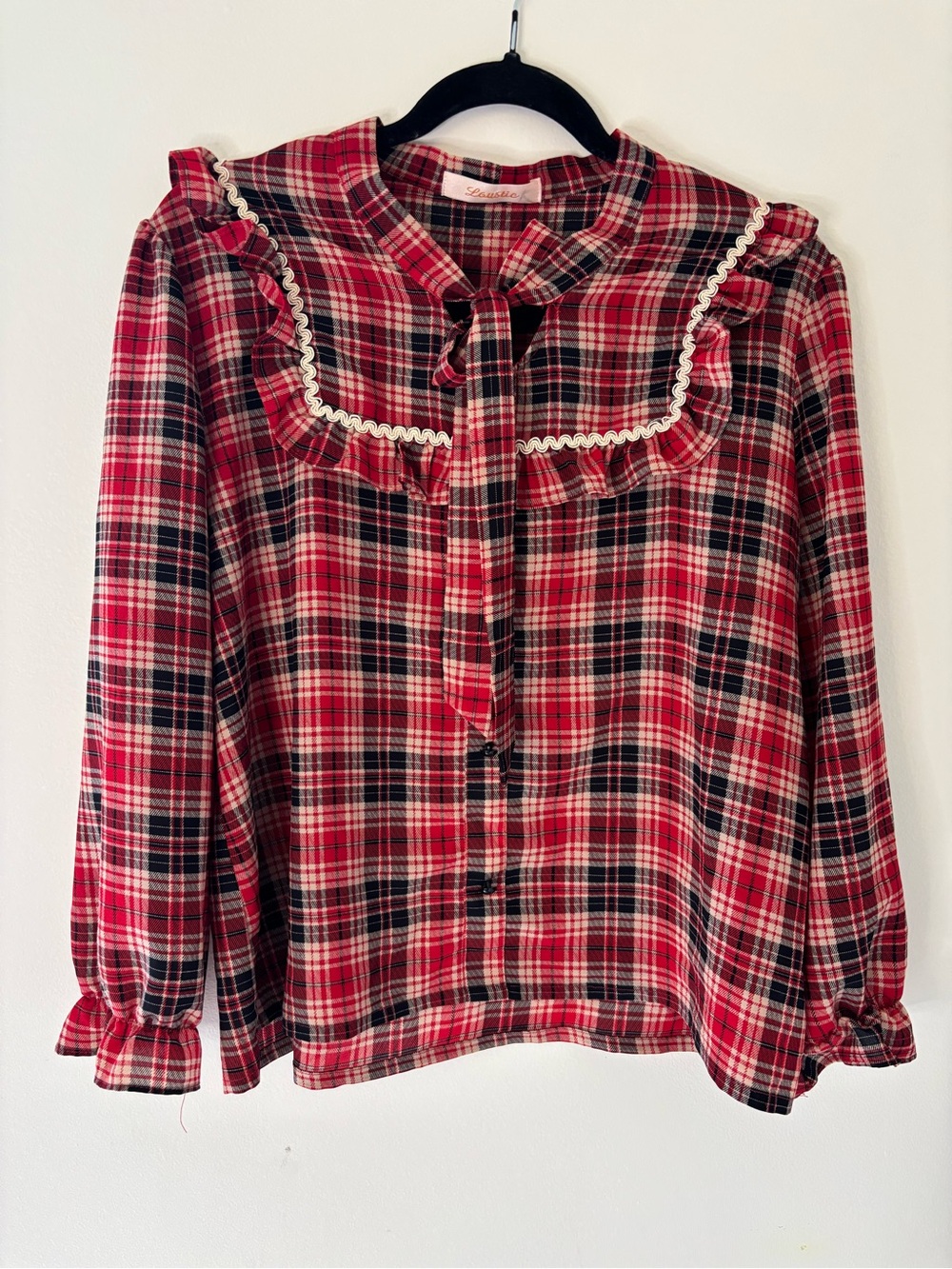 Loustic Red Plaid Ruffle-Trim Long Sleeve Blouse